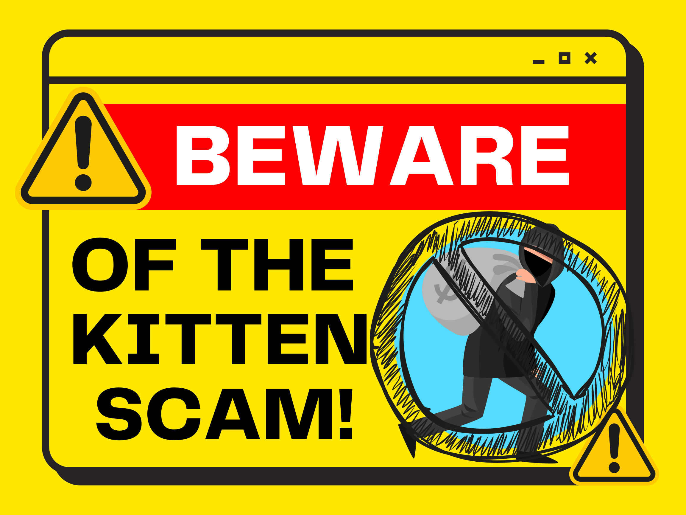 Yellow sign of a thief stealing money, with the words "beware of the kitten scam!"