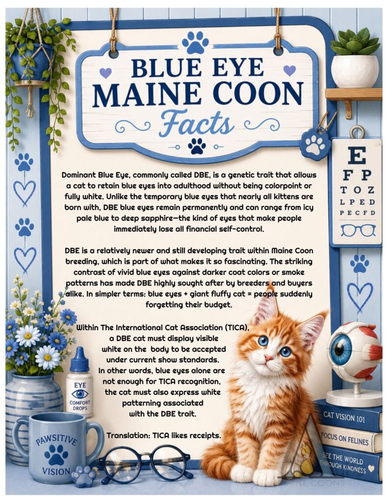 Blue eye Maine Coon infographic explaining dominant blue eye genetics from Aub’s Maine Coons in Kansas City Missouri.