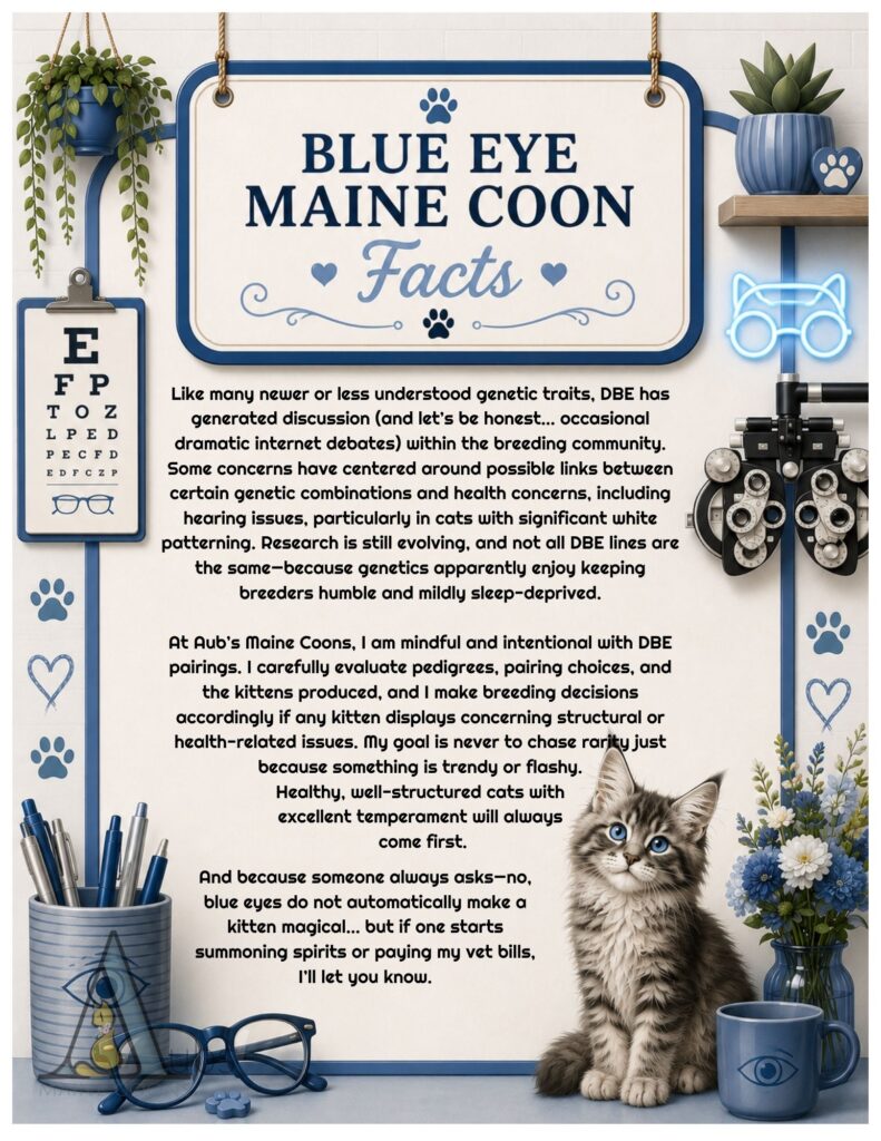 Educational infographic about blue-eyed Maine Coon health risks and breeding considerations from Aub’s Maine Coons Missouri.