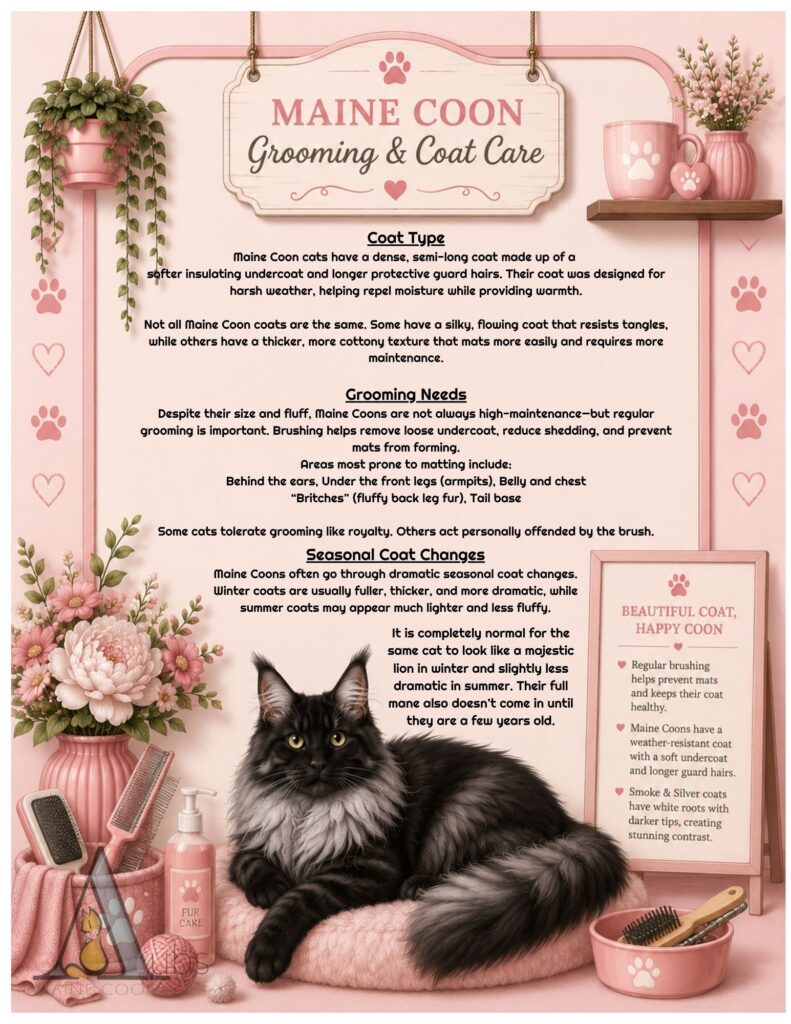 Maine Coon grooming and coat care infographic from Aub’s Maine Coons in Kansas City Missouri.