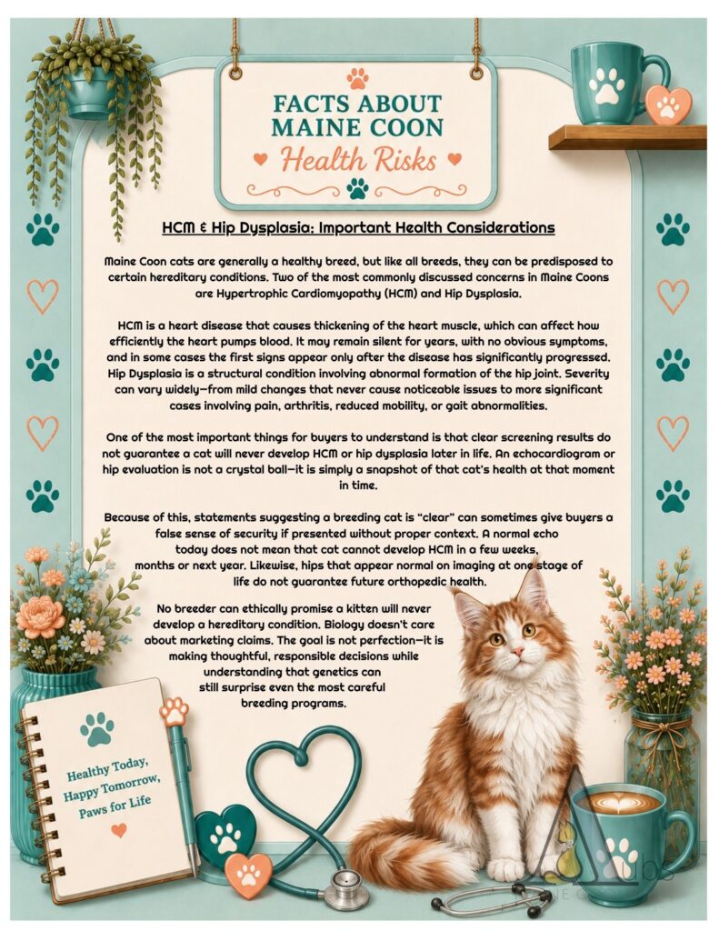 Maine Coon health infographic about HCM and hip dysplasia from Aub’s Maine Coons Kansas City Missouri breeder.