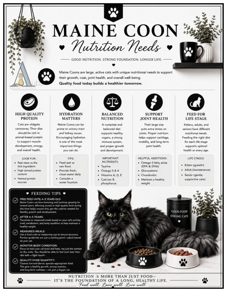 Maine Coon nutrition infographic covering protein, hydration, growth, and feeding advice from Aub’s Maine Coons Kansas City.