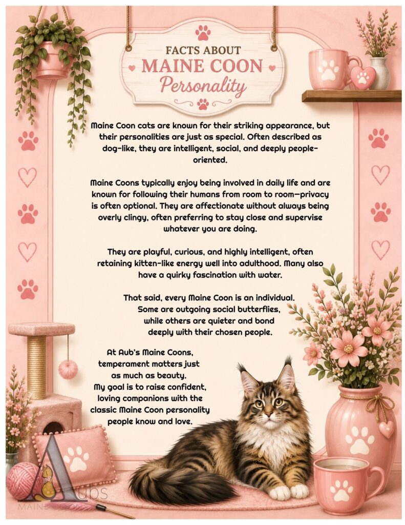 Maine Coon personality infographic describing affectionate, social, and intelligent traits from Aub’s Maine Coons Missouri.