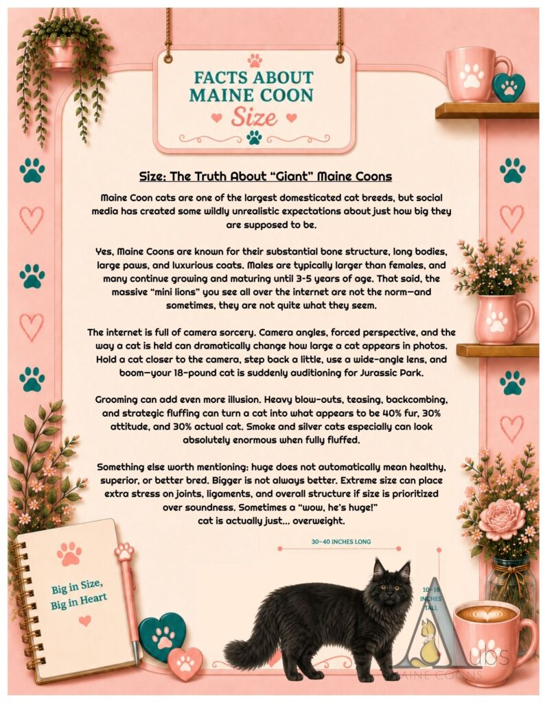 Maine Coon size infographic explaining growth, weight, and realistic size expectations from Aub’s Maine Coons Kansas City.