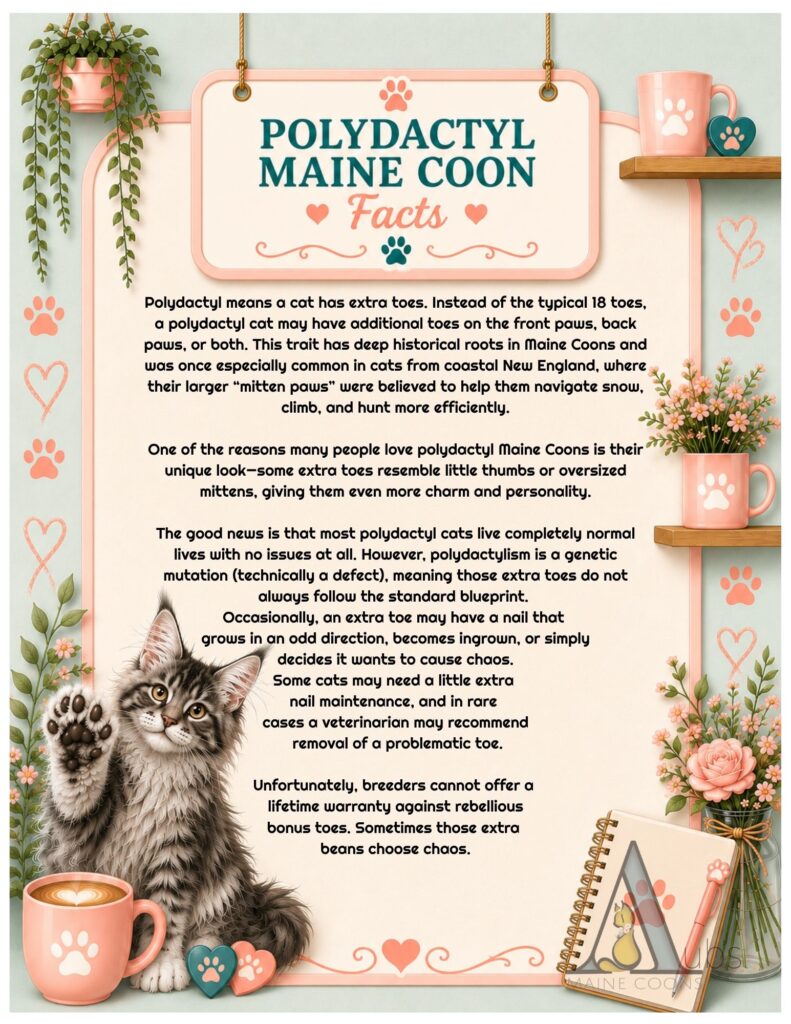 Polydactyl Maine Coon facts infographic from Aub’s Maine Coons, a Kansas City Missouri Maine Coon breeder, explaining extra toes and paw structure.
