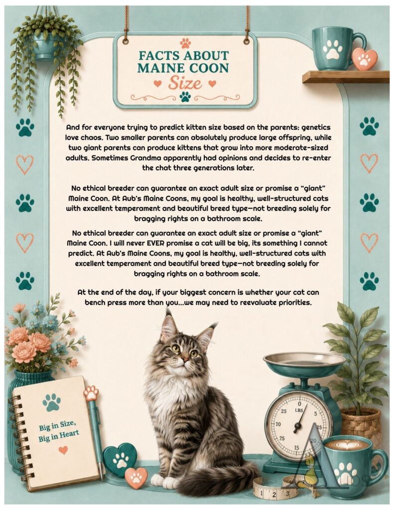Infographic about predicting adult Maine Coon size through genetics and breeding by Aub’s Maine Coons in Missouri.