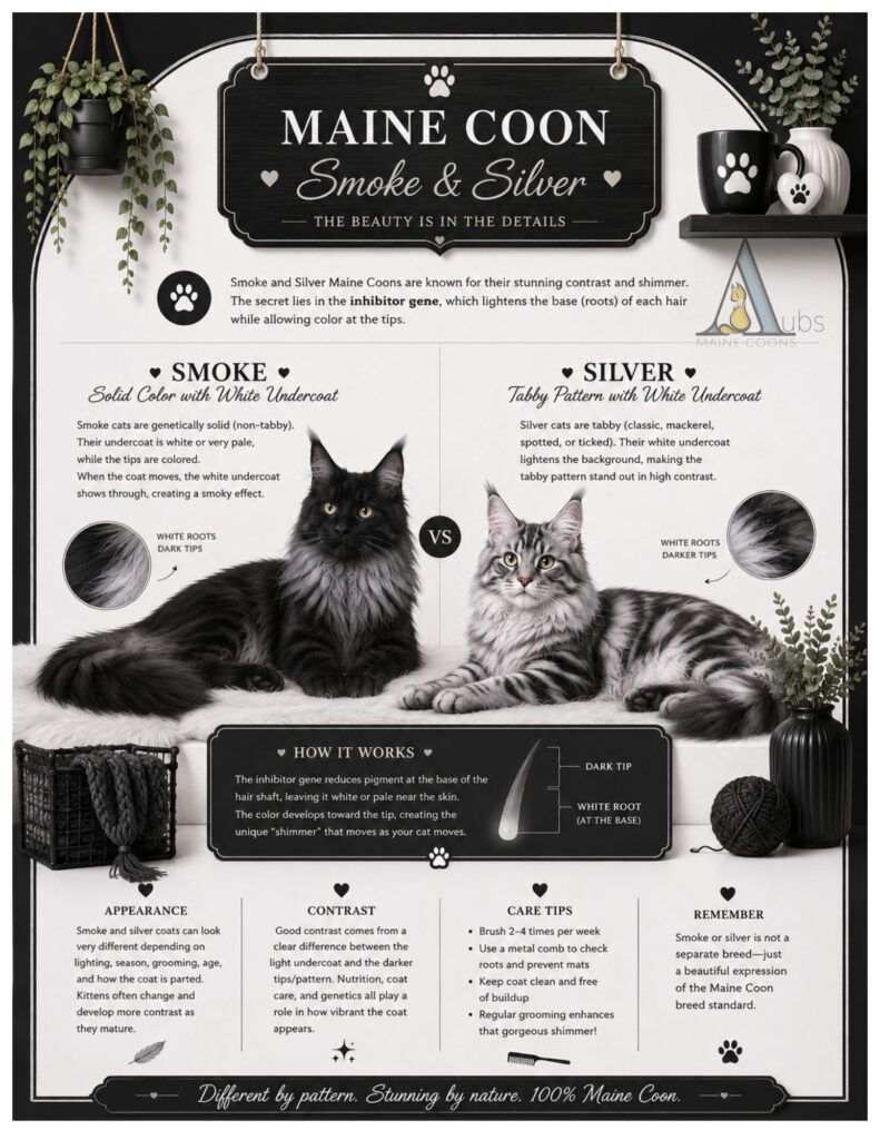 Comparison chart showing differences between smoke and silver Maine Coon coat colors.