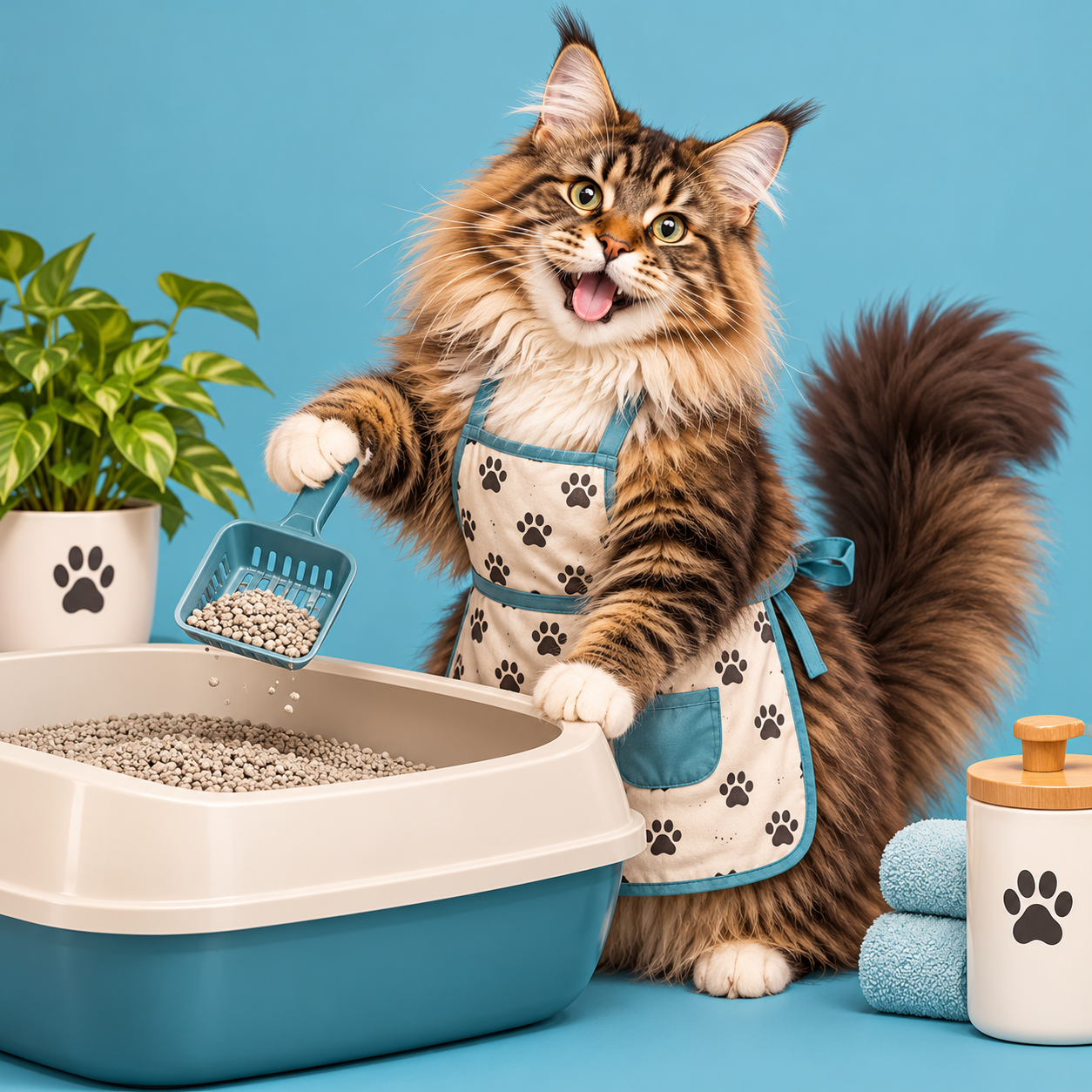 AI-generated Maine Coon cleaning litter boxes